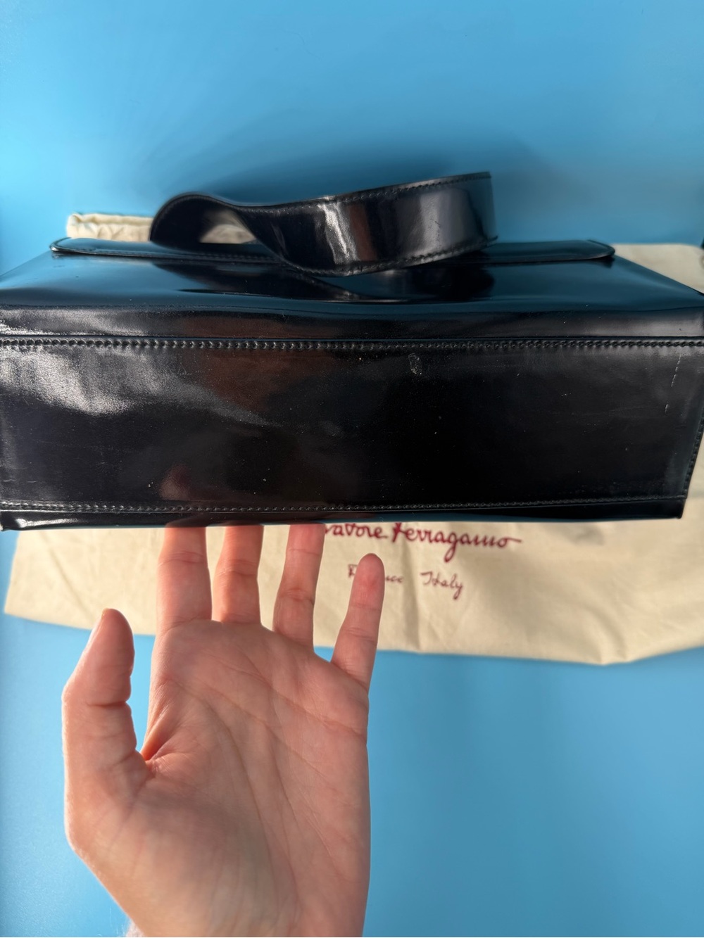 Salvatore Ferragamo Black Patent Leather Box Shoulder Bag Vintage 90s - Picture 12 of 12